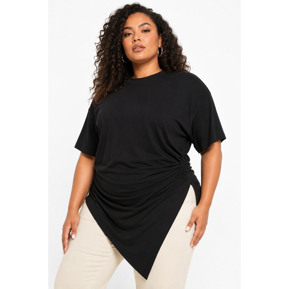 Boohoo Plus Split Side Ruched T-Shirt Black Asymmetrical Hem Top Size 18 NEW